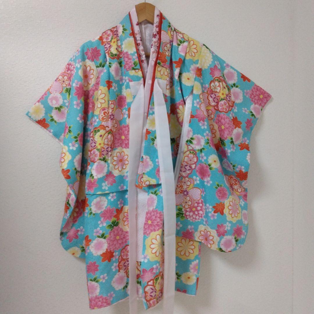 七五三8点①花刺繍被布着②着物③花刺繍襟長襦袢④髪飾り⑤ファー⑥足袋⑦草履⑧巾着