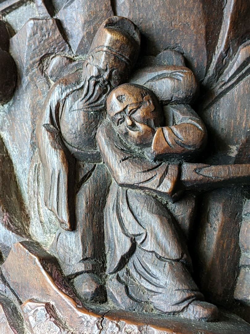 ♢古玩 古美術品 文房四宝 竹根 楼閣山水人物図 筆筒 中国清時代