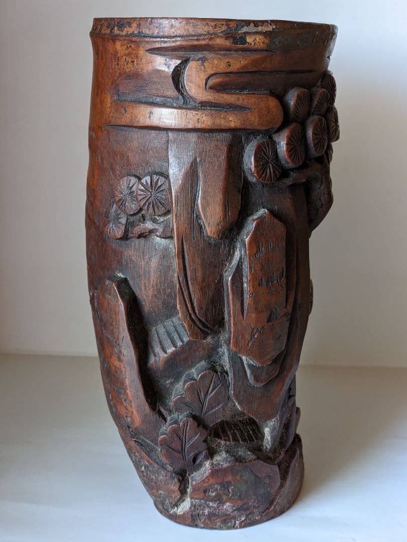 ♢古玩 古美術品 文房四宝 竹根 楼閣山水人物図 筆筒 中国清時代