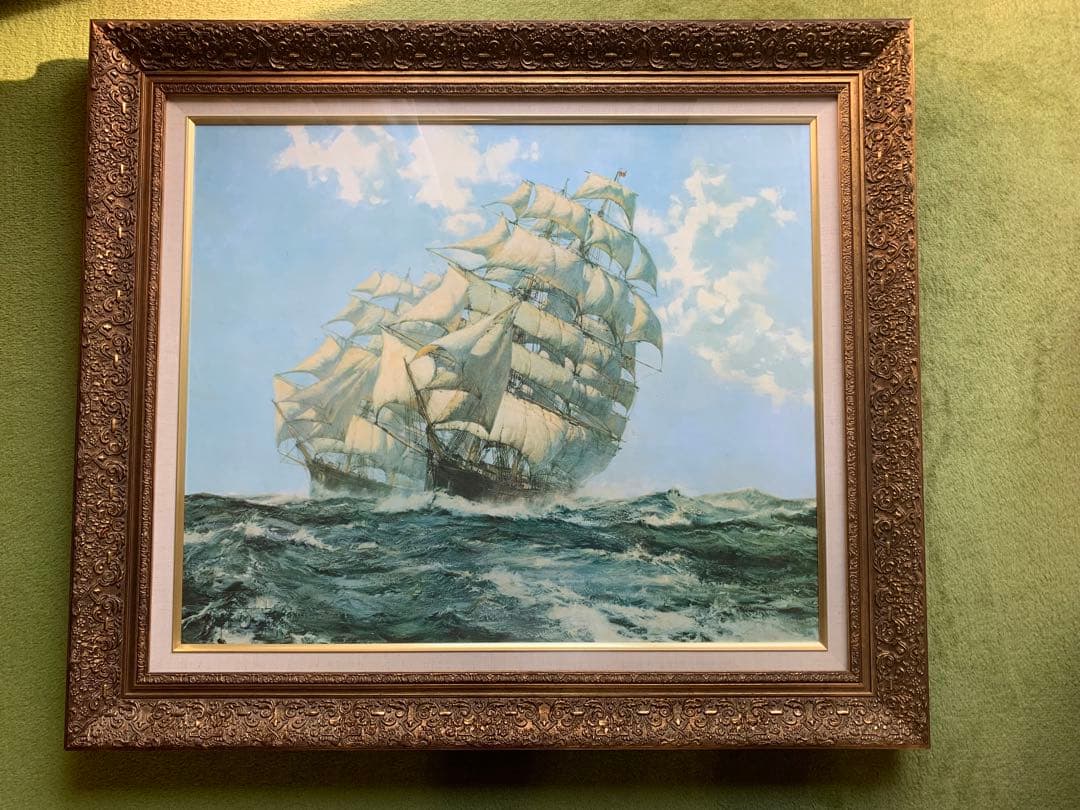 送料無料】油彩画 美術 インテリア 風景画 海上の帆船 額縁 94×82センチ