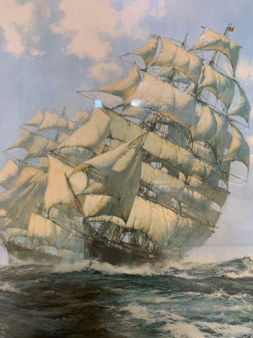 送料無料】油彩画 美術 インテリア 風景画 海上の帆船 額縁 94×82センチ