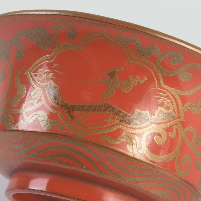 時代根来　朱塗　山水人物蒔絵　杯　盃　在銘　共箱　C　9394