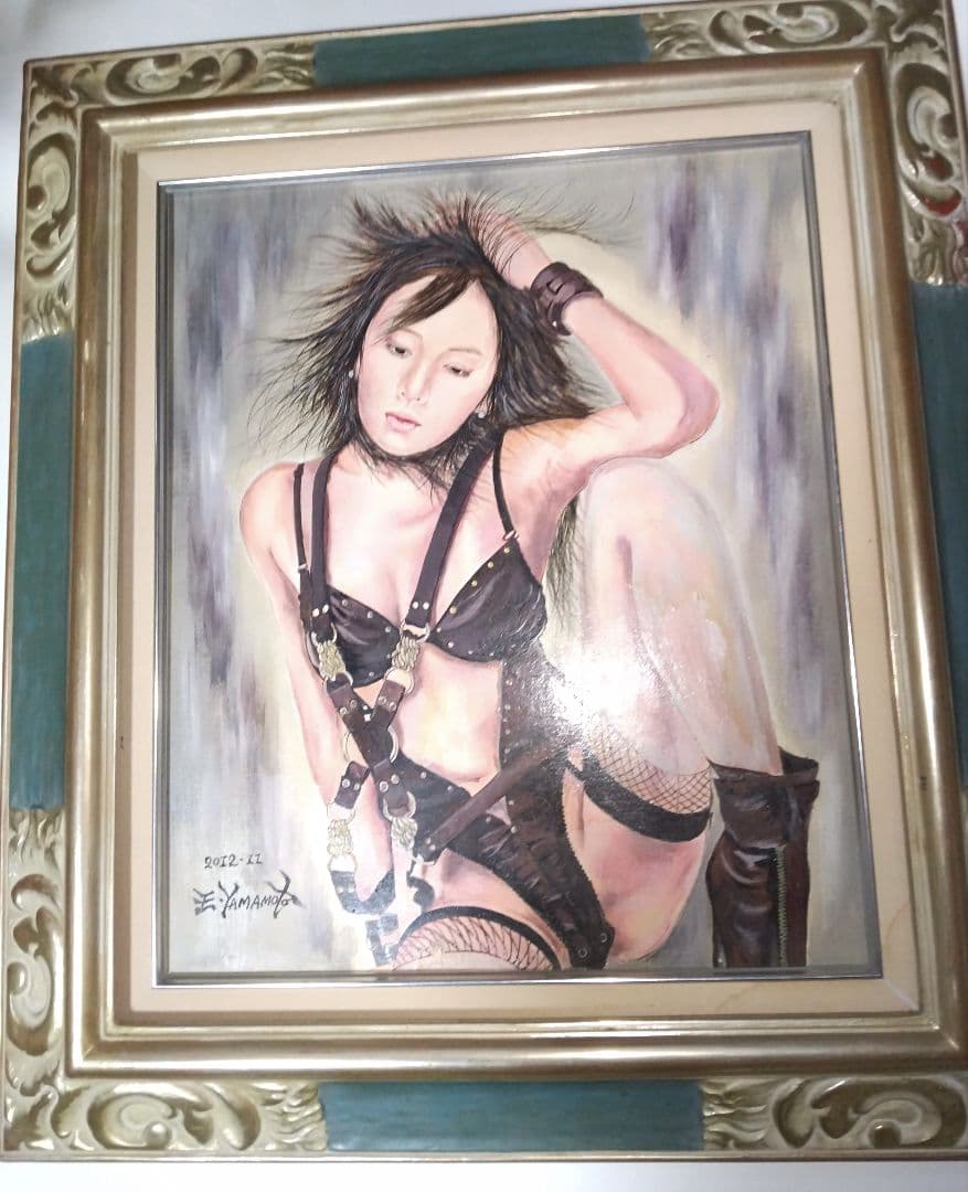 山本英二、絵画油彩8号、裸婦、美人画、ボンテージ、k真作、肉筆