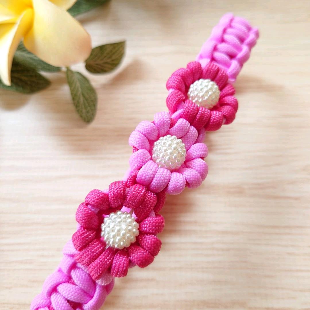 パラコードリード カフェリード 大粒パールビーズのお花3つ №067 パラ