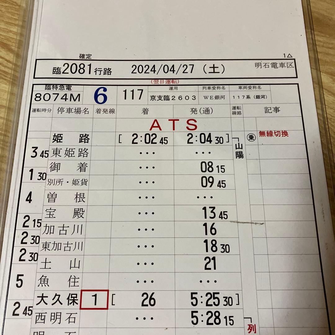 JR西日本 117系 銀河 行路表 JR西日本117系WEST EXPRESS銀河 6両