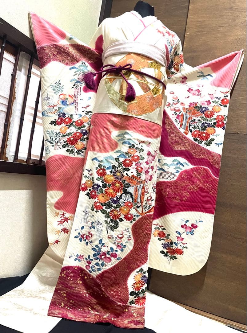 振袖 フルセット6点サイズM京友禅手描き銀駒刺繍 正絹 売り切り終了