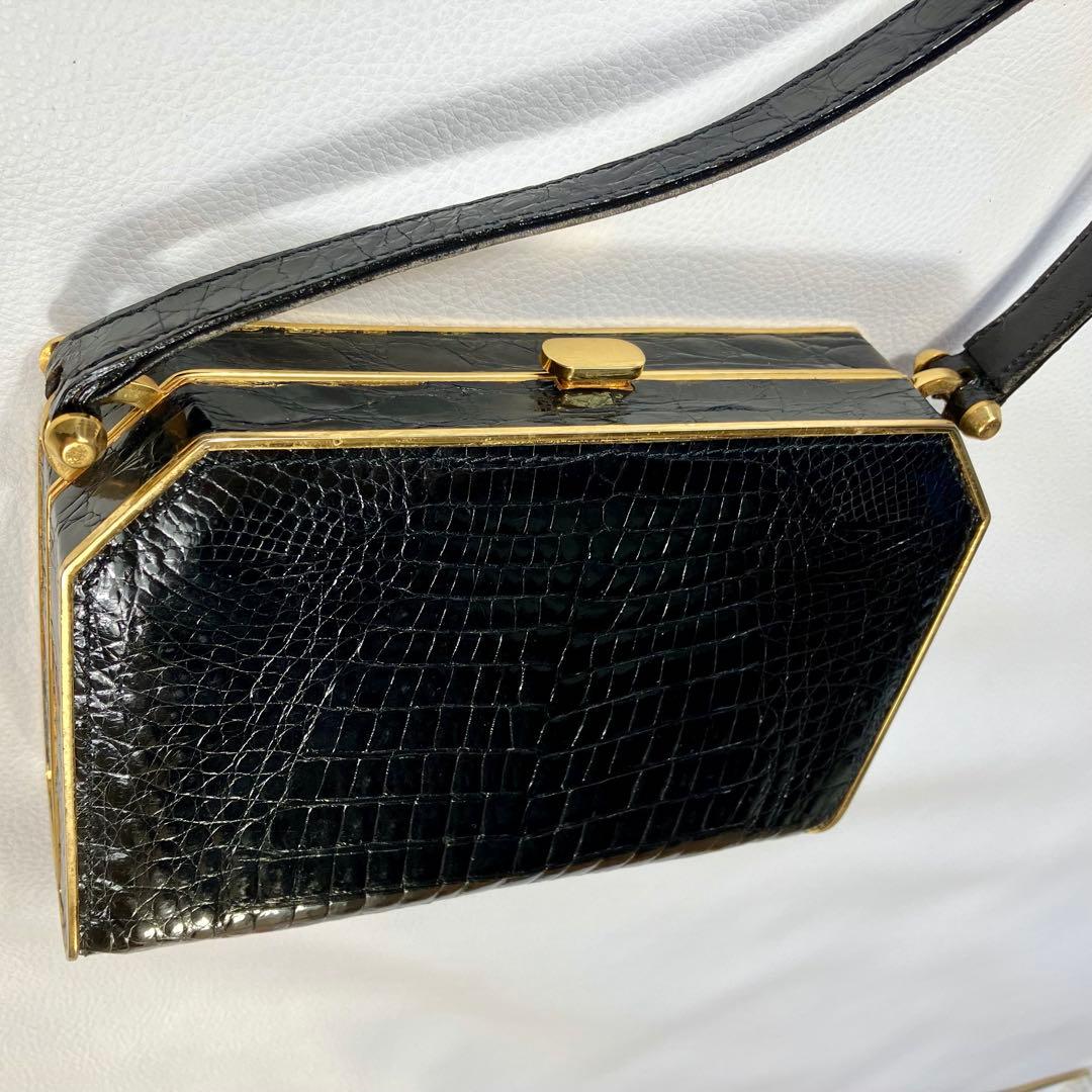 リアル　クロコダイル　クラッチ　パーティーバッグ　 アンティック　ゴールドトリム