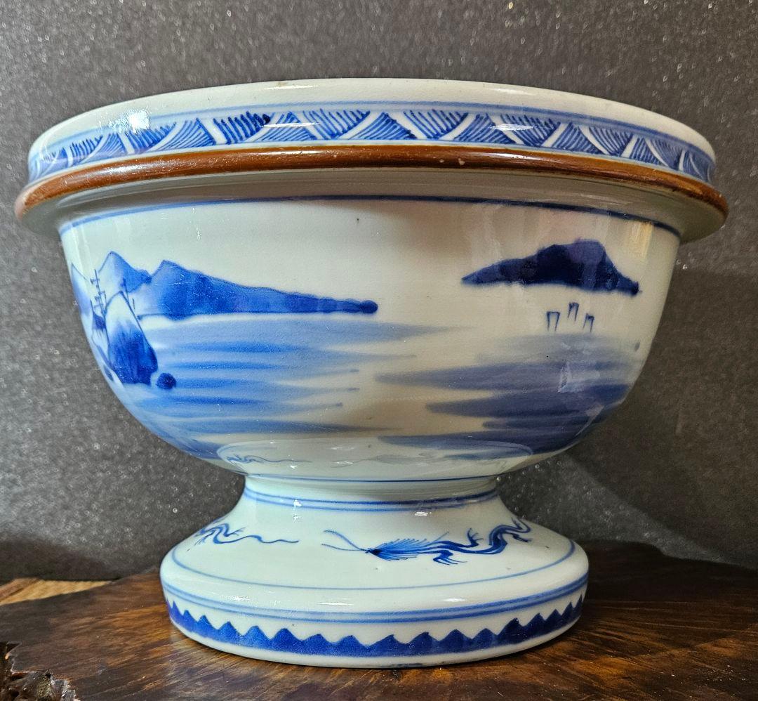江戸時代末期～明治初期　古伊万里　染付　葉に卍繋ぎ文　大盃洗　高付鉢　コンポート