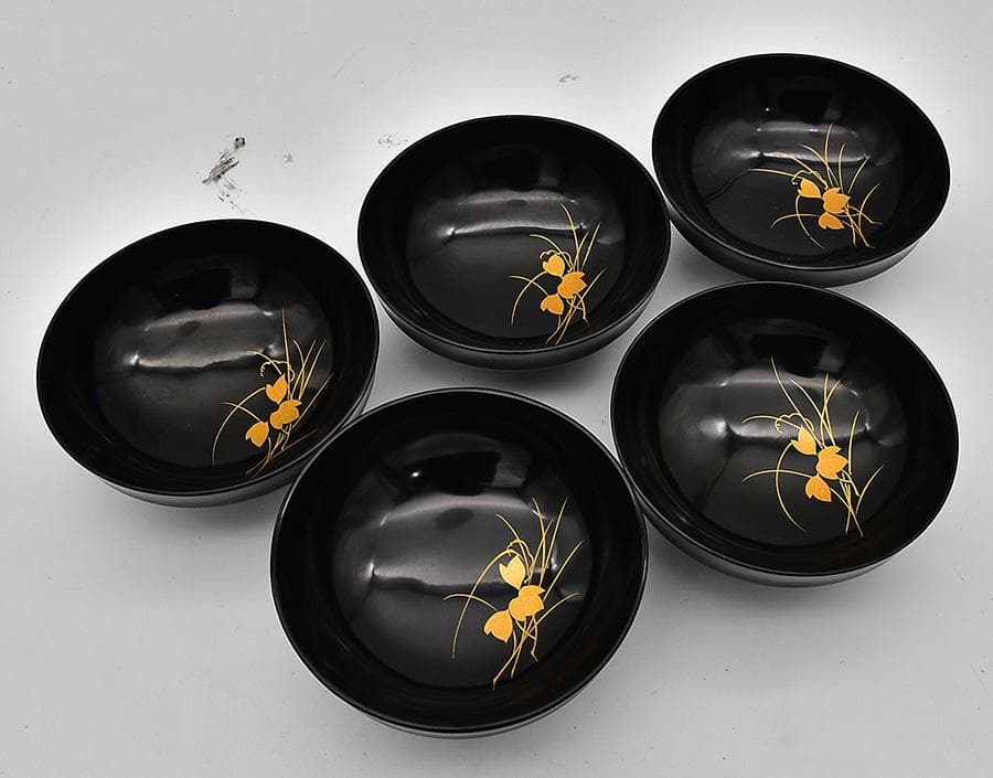 時代年代物 輪島塗 蓋椀 五客 木製黒漆 花草に蝶 金蒔絵 漆器 漆芸 食器