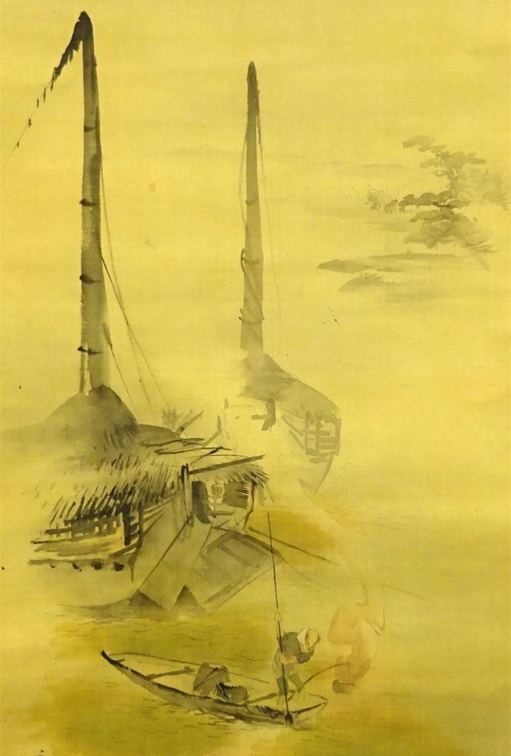 真作】掛軸 里見雲嶺『漁師 舟図』日本画 絹本 肉筆 掛け軸 a112412