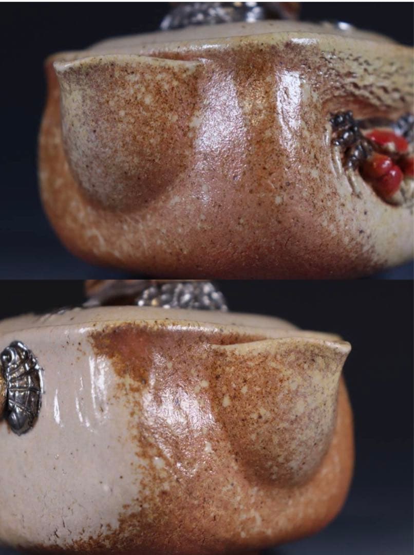 Taka　白備前焼　森脇弘行　彩色細工　手造四方宝瓶　霊芝に蟹