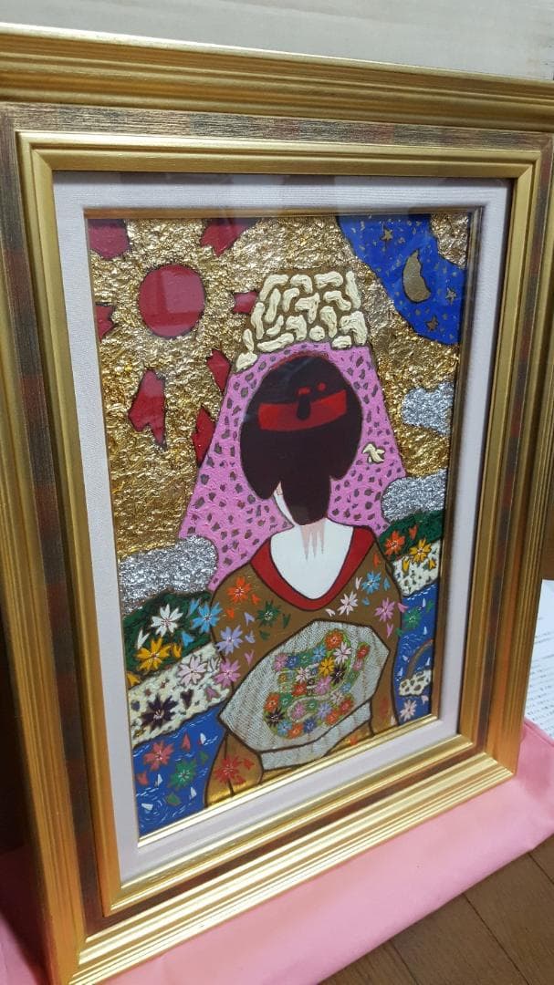 真作】 大杉真司 「見つめて富士左馬」 油彩 ＋ 金箔・プラチナ箔