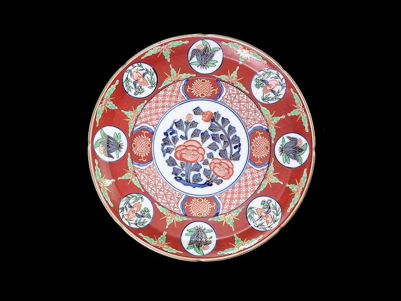 大聖寺伊万里　金襴手　丸紋に花鳥紋　牡丹の図　８寸皿　F123AS-CTd