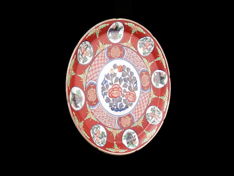 大聖寺伊万里　金襴手　丸紋に花鳥紋　牡丹の図　８寸皿　F123AS-CTd