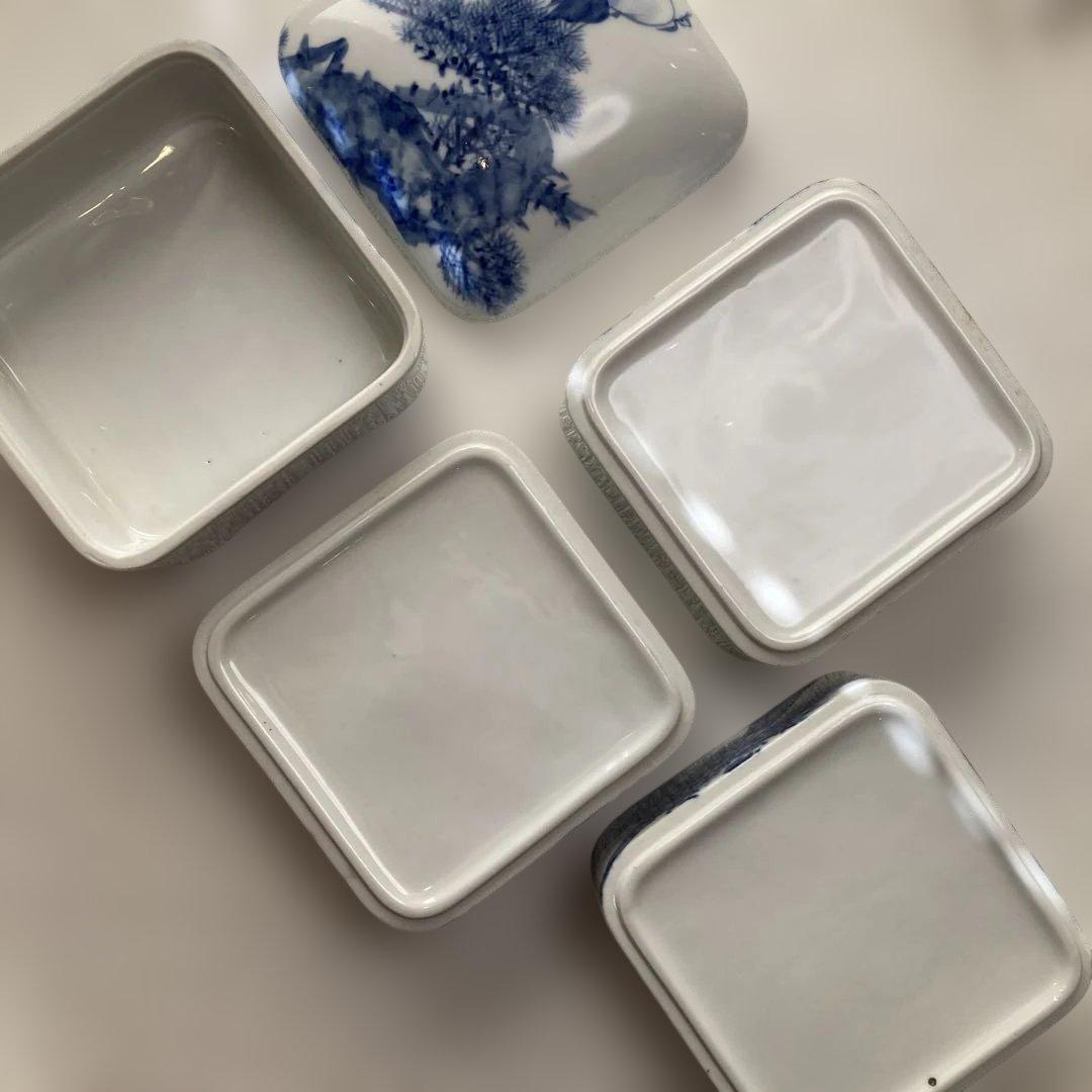 手描 染付 陶器重箱 松竹梅 鶴 四段重 骨董 レトロ 瀬戸焼 庄平窯 山田