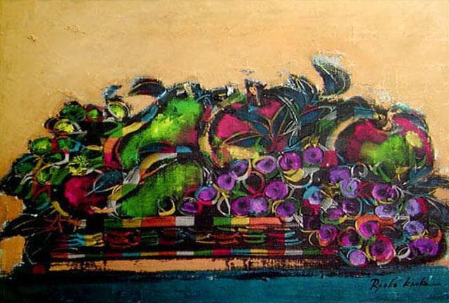 油絵 絵 絵画インテリア 額付(青緑＋金色の枠) uF6-061104 静物果物