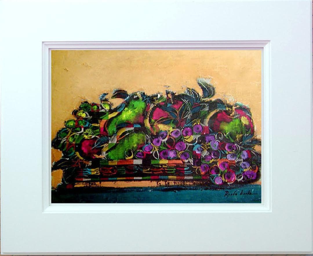 油絵 絵 絵画インテリア 額付(青緑＋金色の枠) uF6-061104 静物果物