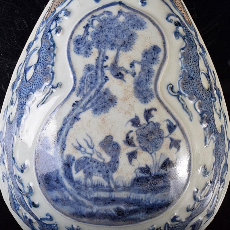 中国　青花　山水神獣文　馬頭琵琶　置物　M　R7978B