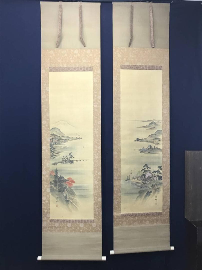 【真作】岡本清暉/春秋山水図/山水図/双幅/掛軸/名家伝来/AC-243