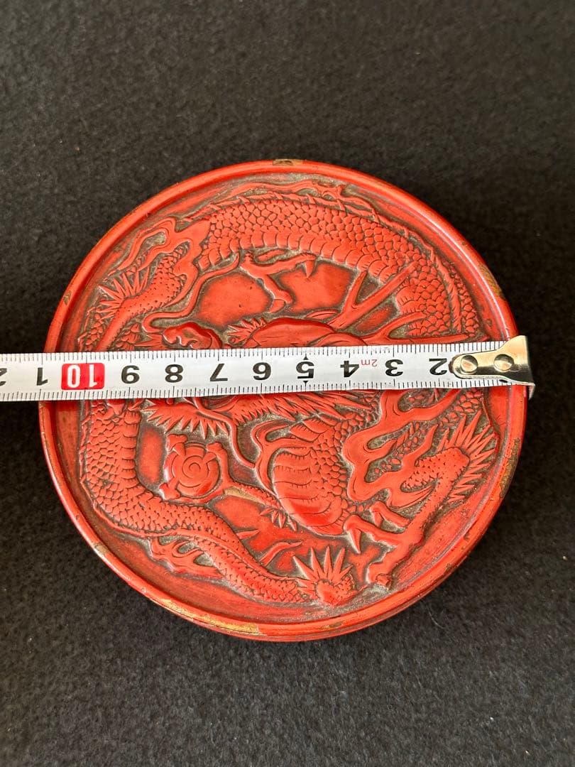 時代　漆芸　堆朱龍図彫印池　時代物　直径11cm中国美術　書道具　印池　漆工芸