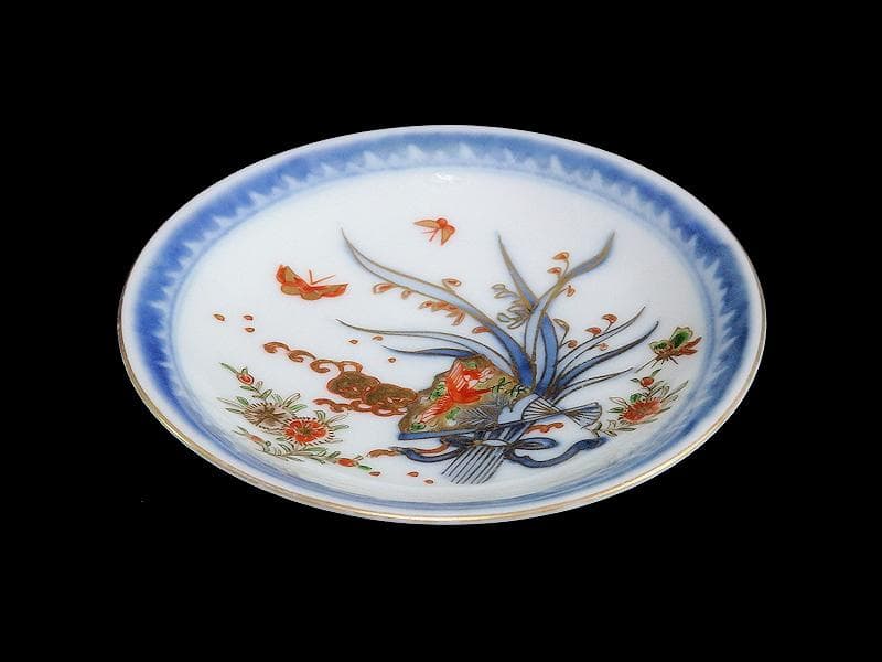 古伊万里 染錦 扇に蘭 蝶に撫子の図 4寸皿 5