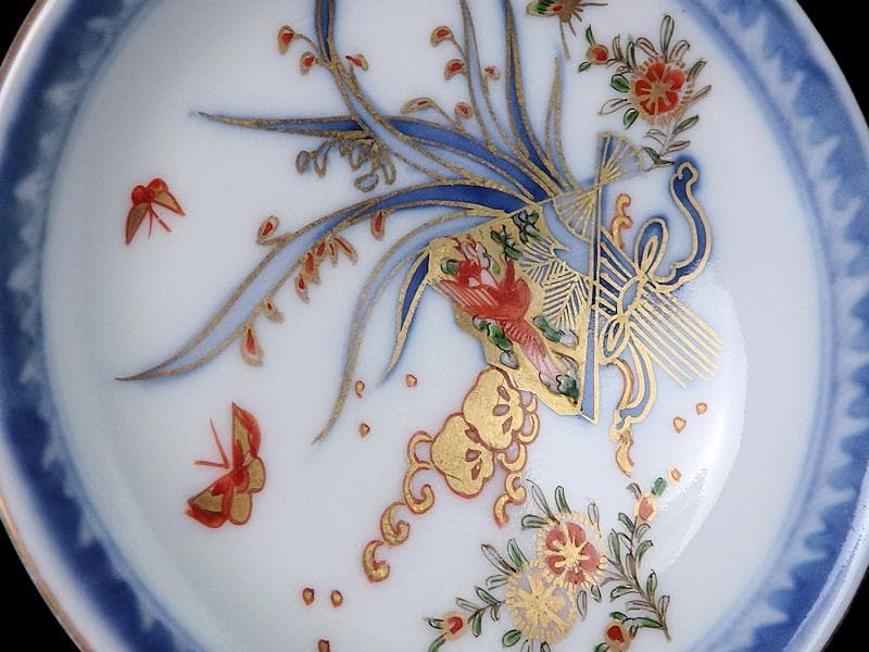 古伊万里 染錦 扇に蘭 蝶に撫子の図 4寸皿 5