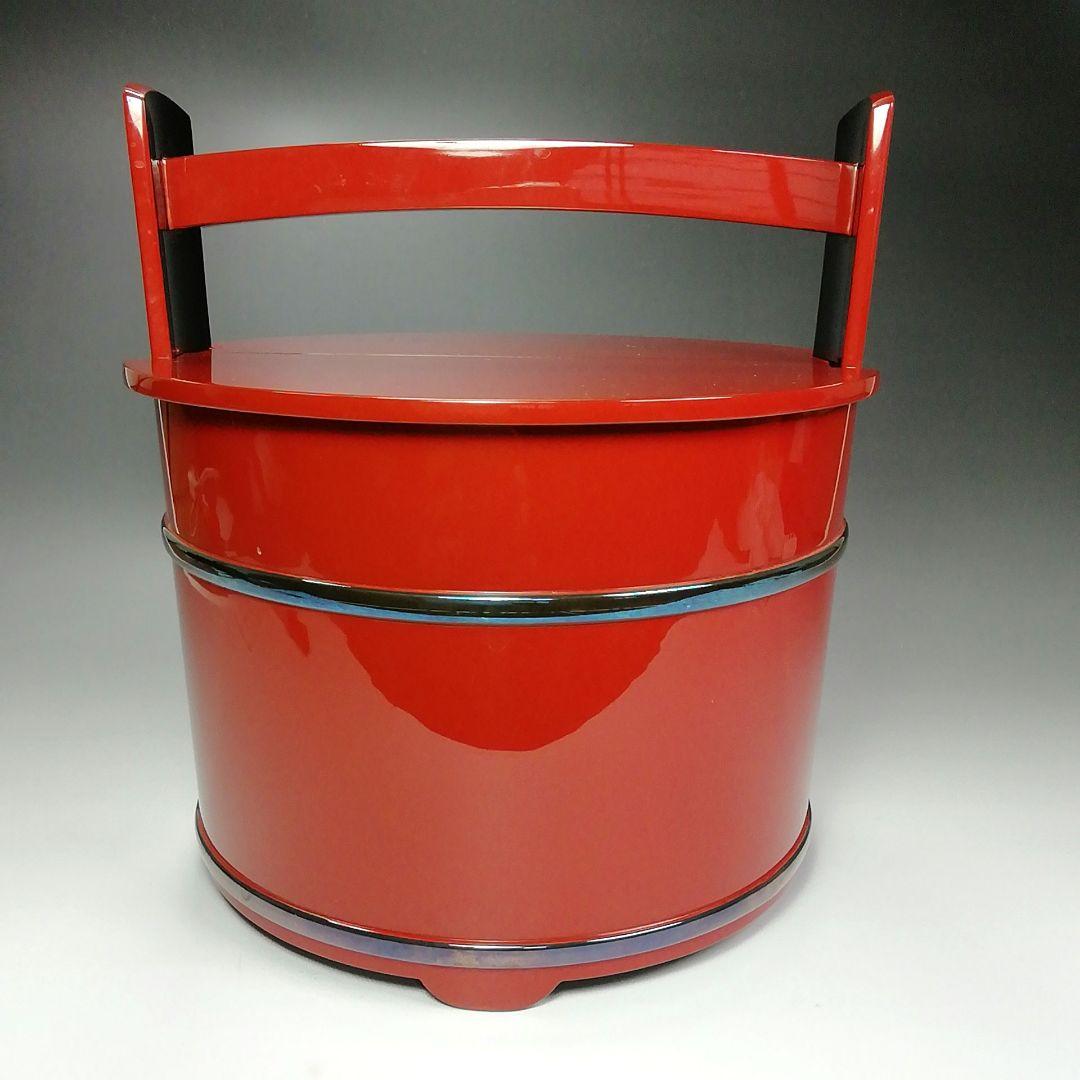 Ｓ４７３　水指　『輪島塗　朱銀箍　手桶水指』『塗師　高崎秋峰』『朱塗』　共箱