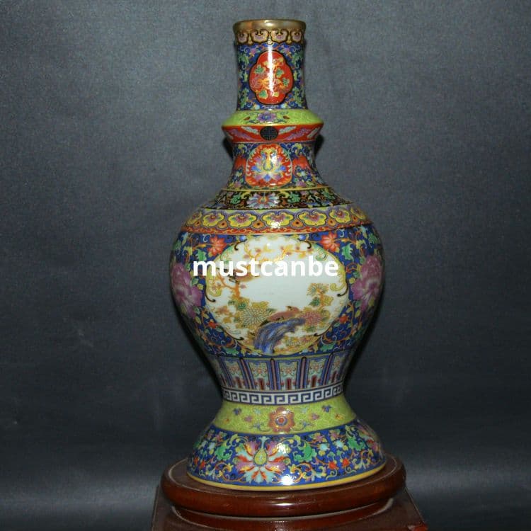 清雍正珐琅彩花鸟文描き金花瓶 景徳鎮 陶磁器 装飾品 現代