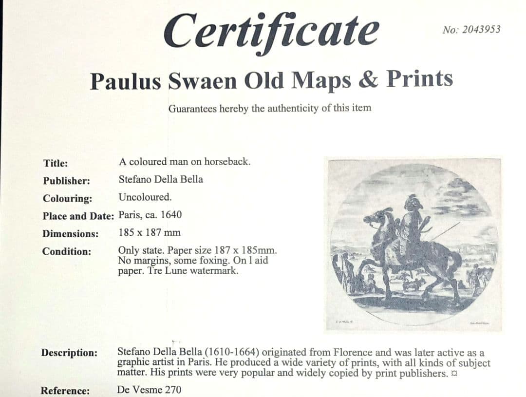 額装品 1640年頃 ステファノ・デラ・ベッラ 騎乗の戦士 稀少作品