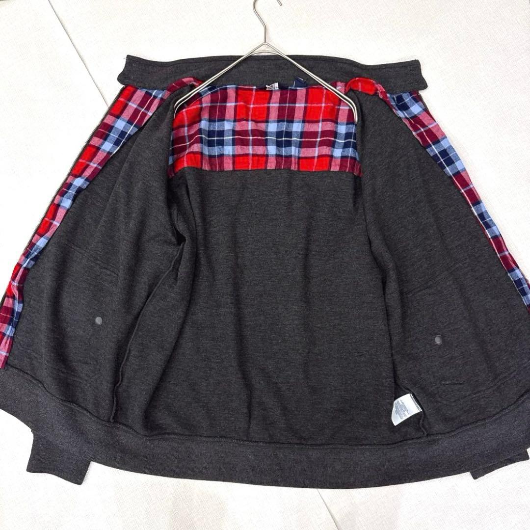 90s✨ランズエンド（XL）フルジップジャケット 本革トリム 裏地チェック灰色