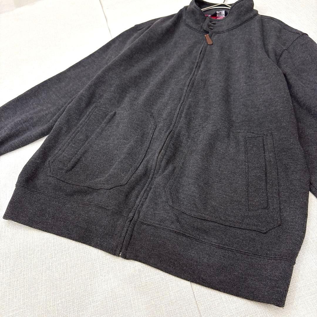 90s✨ランズエンド（XL）フルジップジャケット 本革トリム 裏地チェック灰色