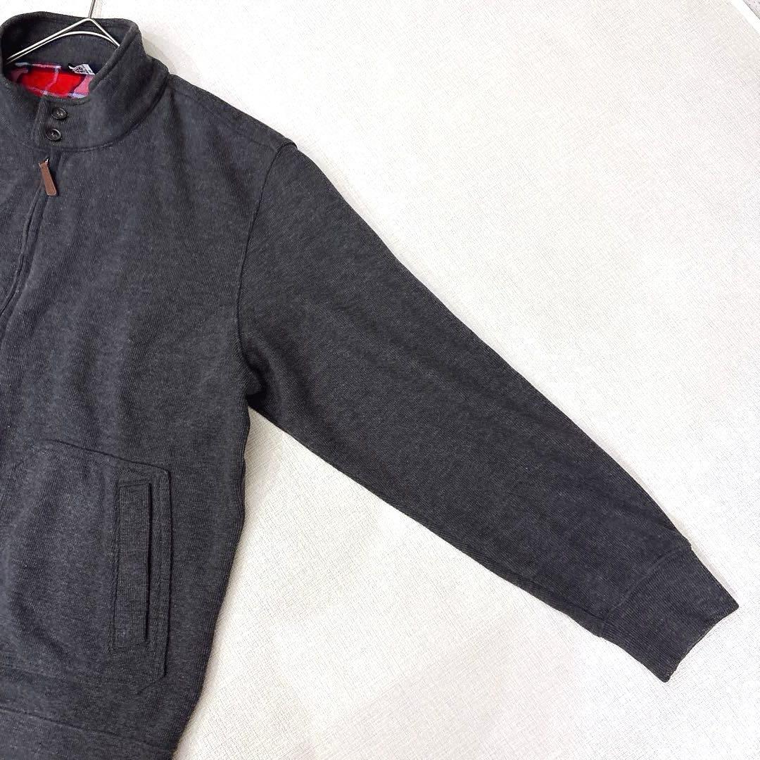 90s✨ランズエンド（XL）フルジップジャケット 本革トリム 裏地チェック灰色