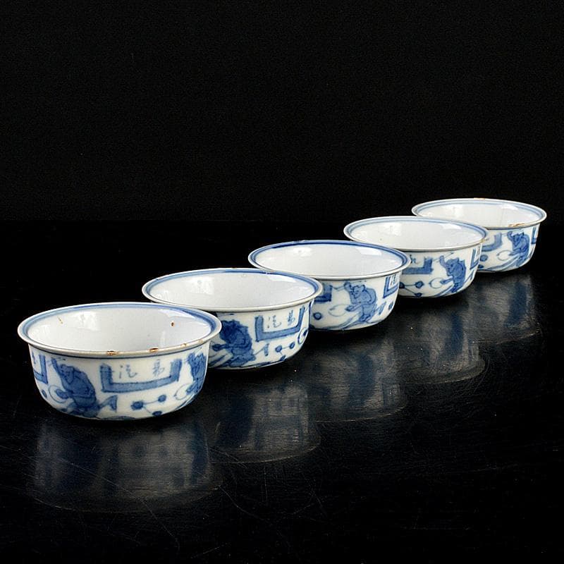 煎茶道具　青花染付　神獣文　煎茶器　五客　時代箱付　M　R7337