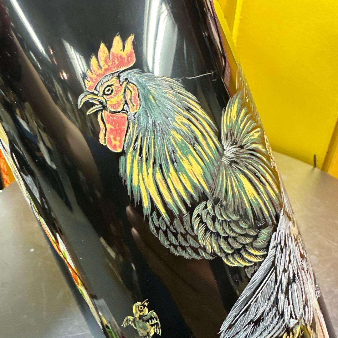 彫漆 漆器 花瓶 花器 置物 鶏と花のデザイン