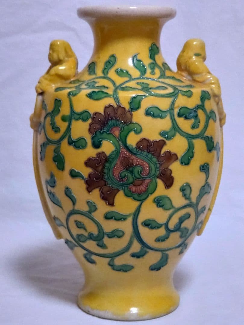 古玩 南紀男山焼 交趾唐草文 花入 古箱入