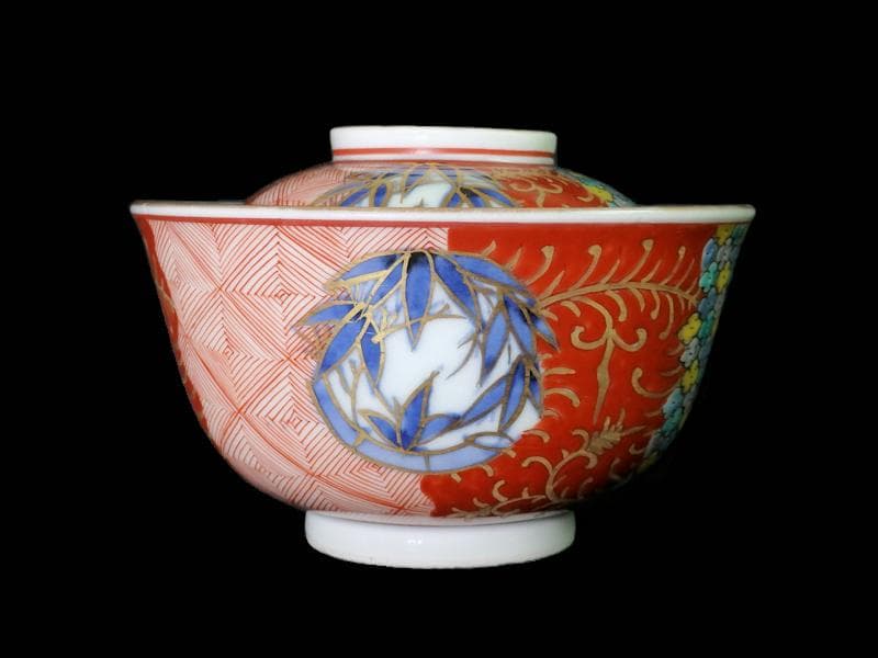 古伊万里　紗綾形紋に金唐草　丸紋に松竹梅の図　大振蓋茶碗　E807AS-CNy