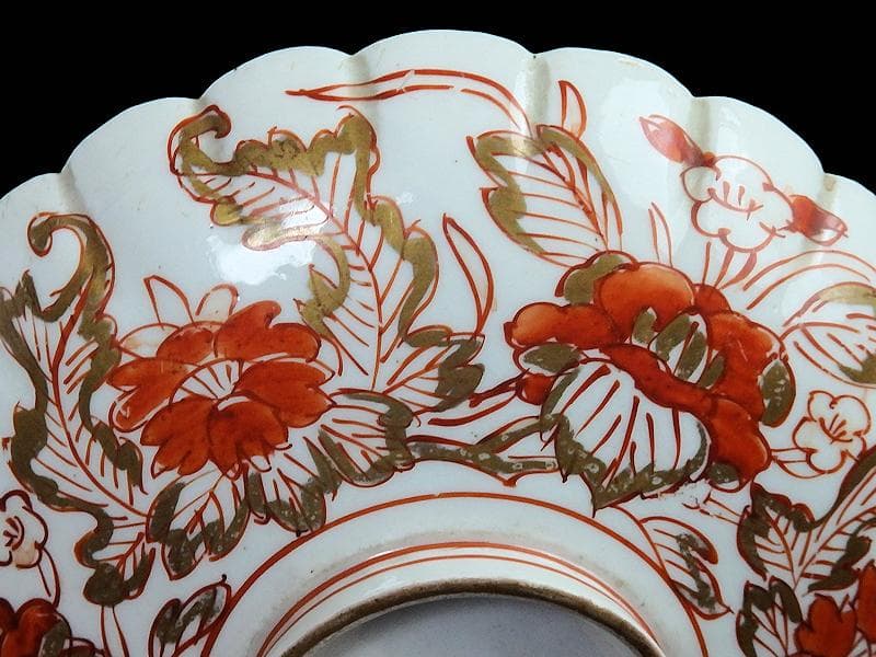 古伊万里 金襴手 輪花 花に柘榴の図 蓋付き深鉢 菓子