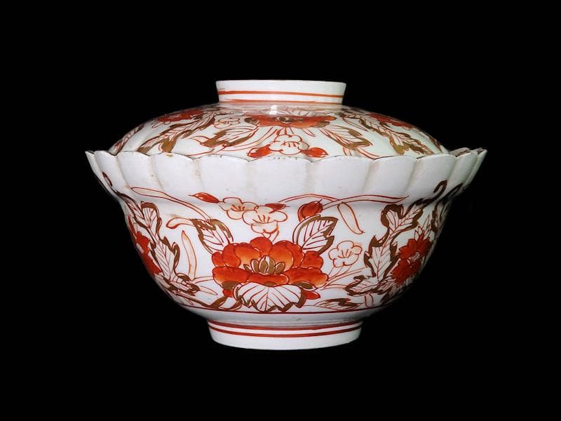 古伊万里 金襴手 輪花 花に柘榴の図 蓋付き深鉢 菓子