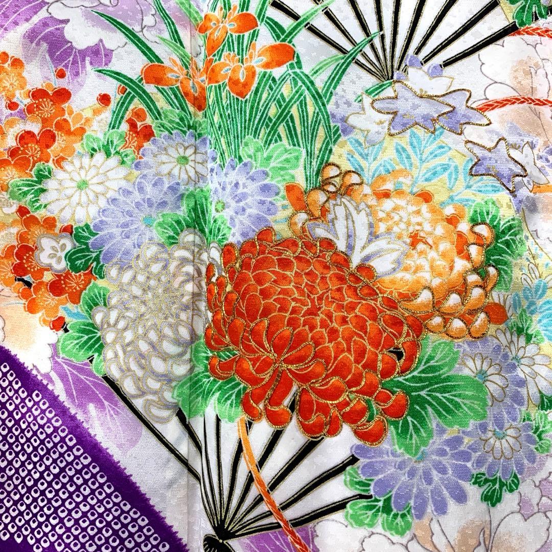 510agu40,帯,小物類全て□七五三 7歳 女児 着物のみ 花扇 鹿の子柄□