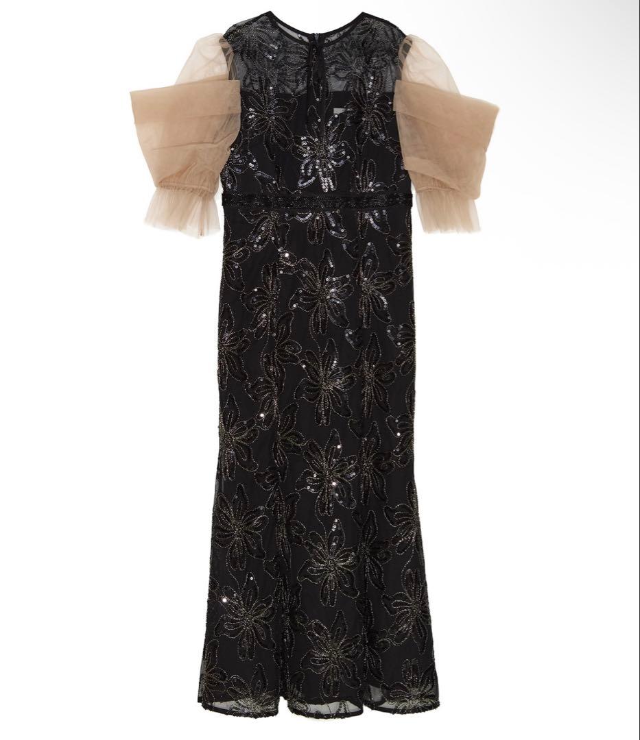 【LEJA】スパンコールフラワーリボンチュールワンピースドレス