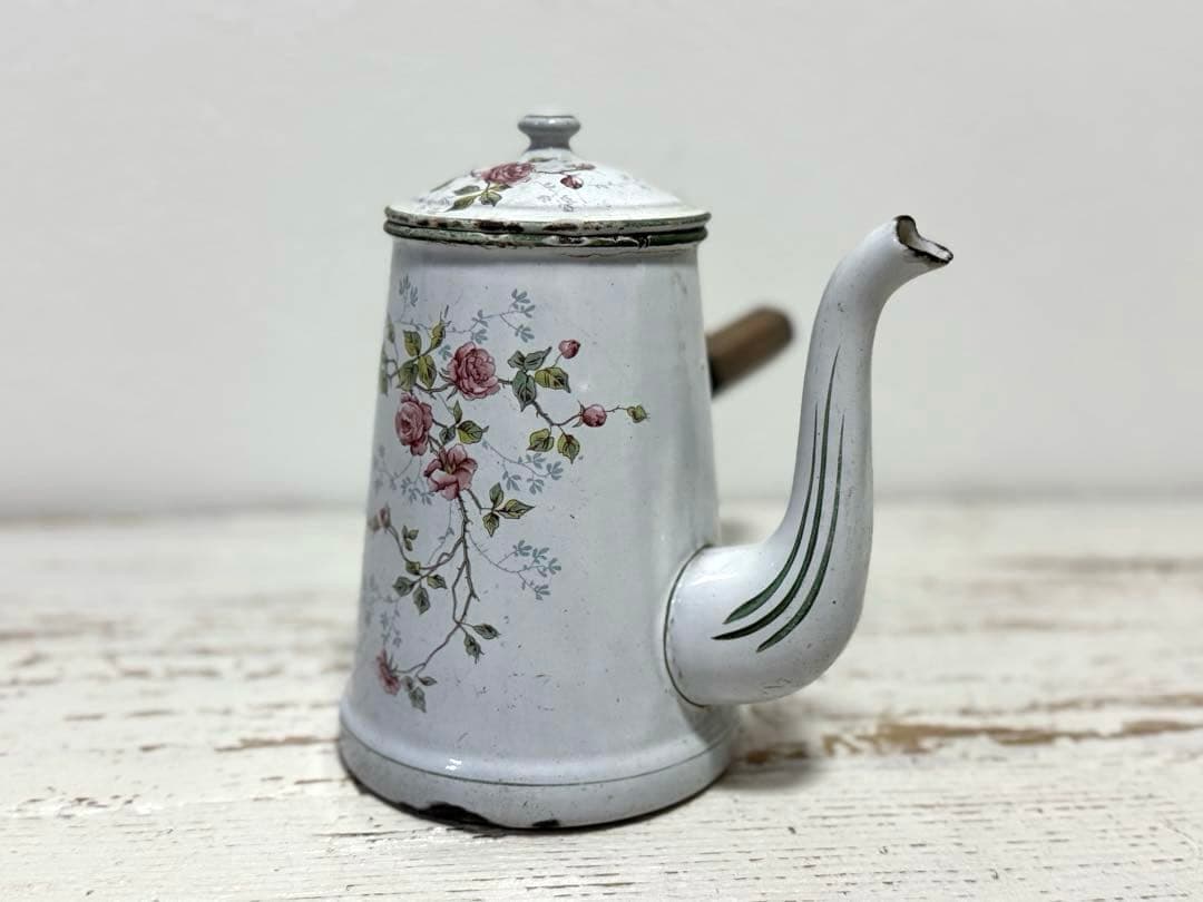 フランスアンティーク BB社 エナメル ティーポット 薔薇柄 ショコラティエ