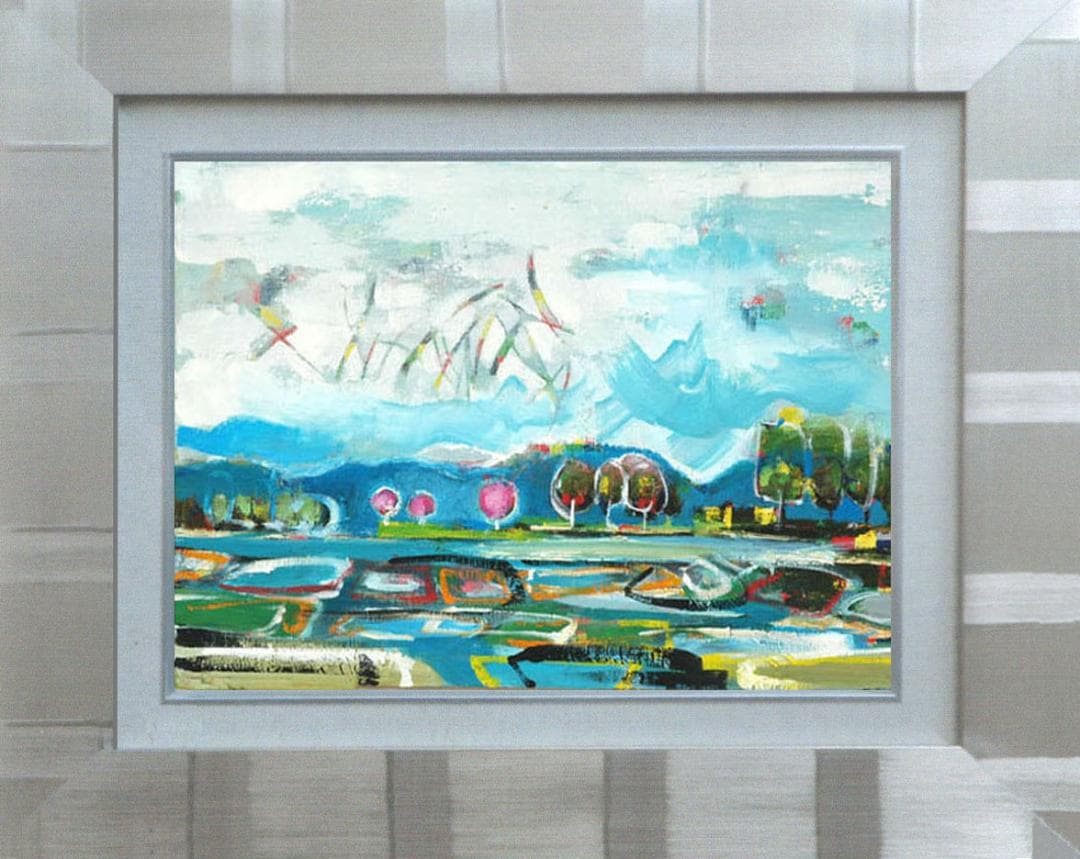 油絵 菅家令子 絵 絵画インテリア額付(青緑＋金色の枠)uF6-063003