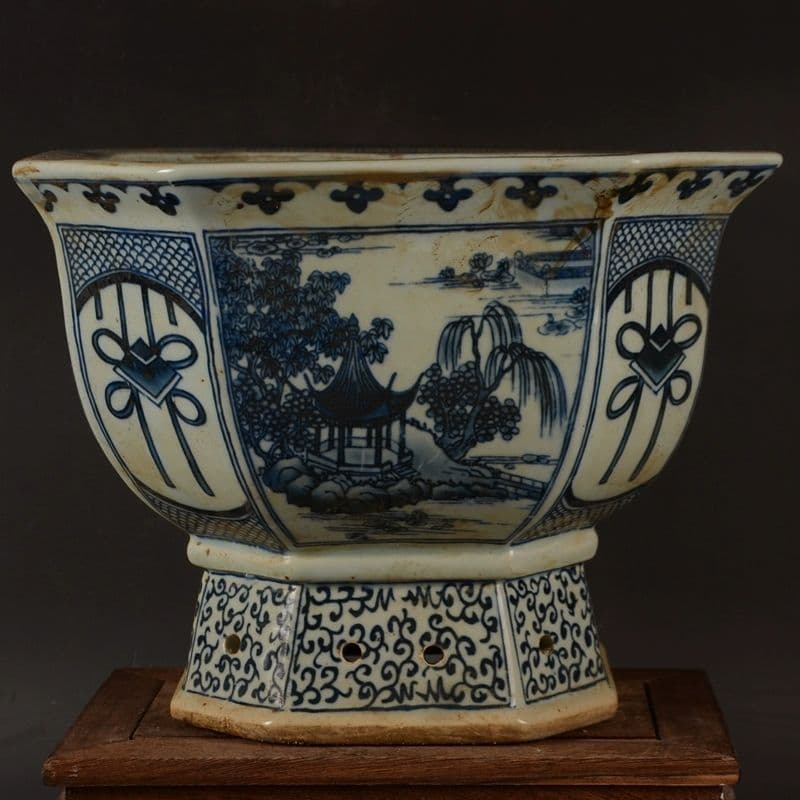 青花開窓庭楼四方高脚鉢 景徳鎮 陶磁器 装飾品 現代