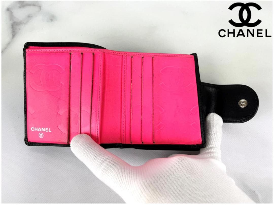美品 CHANEL シャネル ラムスキン カンボンライン がま口二つ折り財布