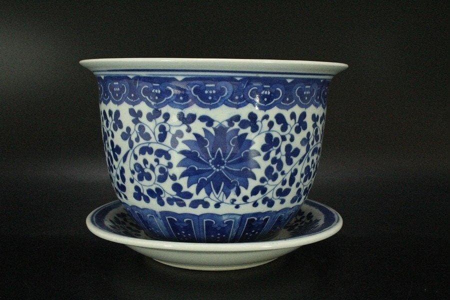 中国美術 青花 纏枝蓮花紋 花盆 盆盤 景徳鎮製 款