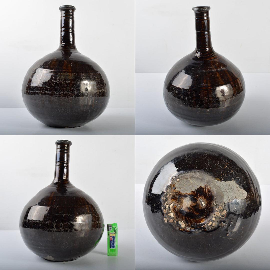 朝鮮 李朝 黒釉壷 鶴首瓶 時代箱付 M R4425B