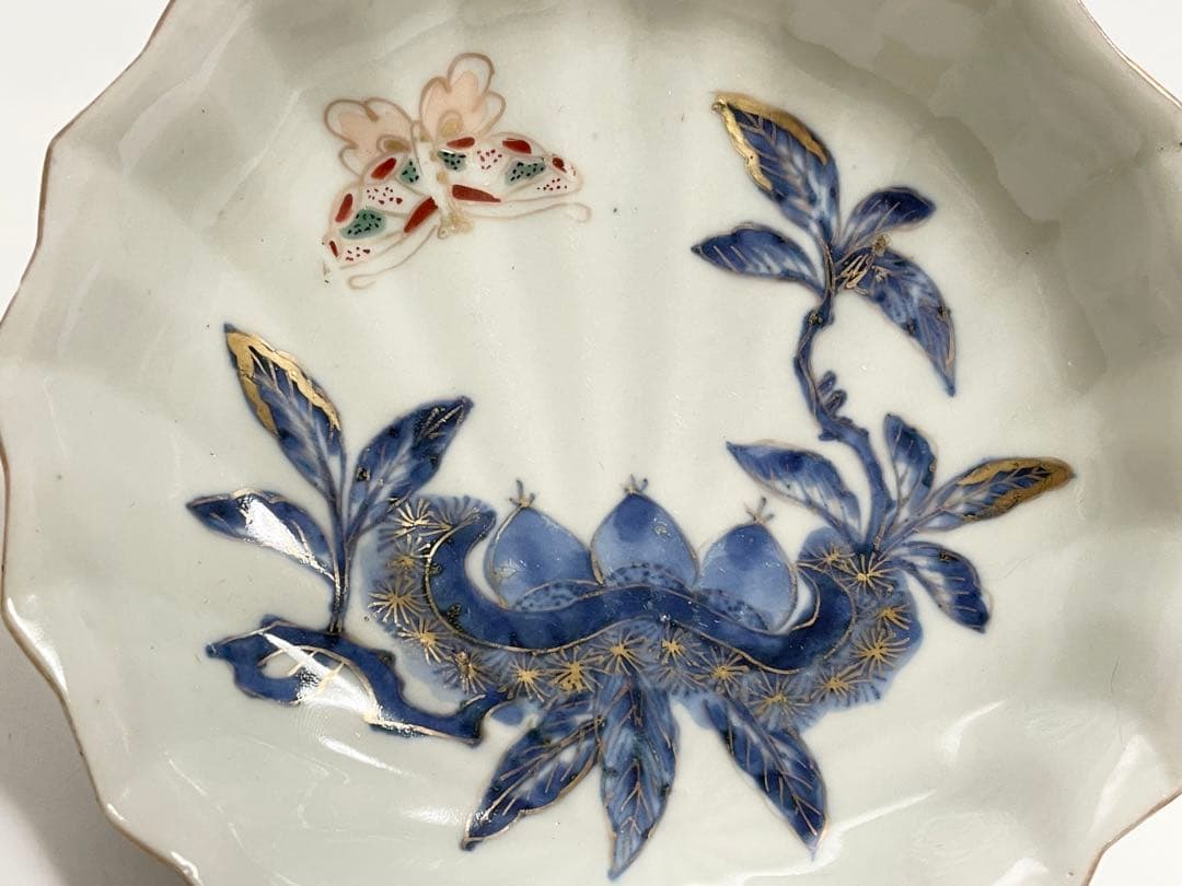 古伊万里 骨董 色絵 金彩 栗に蝶々の図 秋 輪花縁 なます皿 膾皿