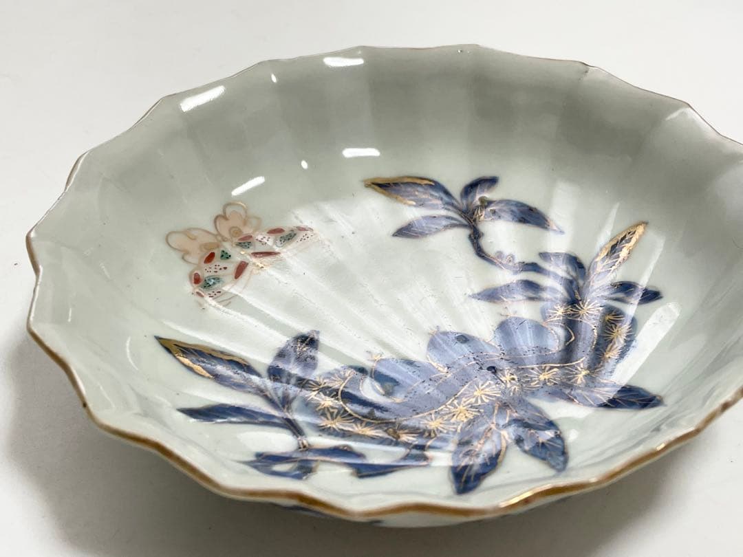 古伊万里 骨董 色絵 金彩 栗に蝶々の図 秋 輪花縁 なます皿 膾皿