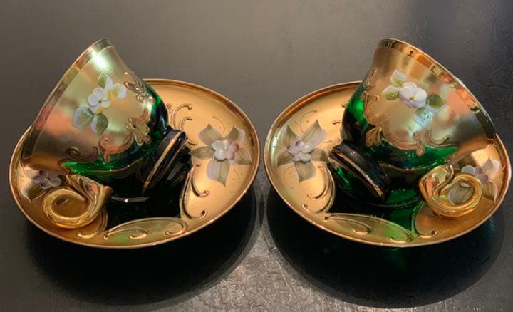 MURANO ムラノ • ベネチアン ガラス カップ＆ソーサー 2客 24金