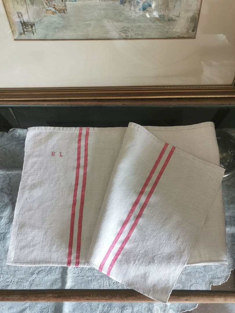 アンティークフランス ラスティック ホームスパンリネン イニシャル赤